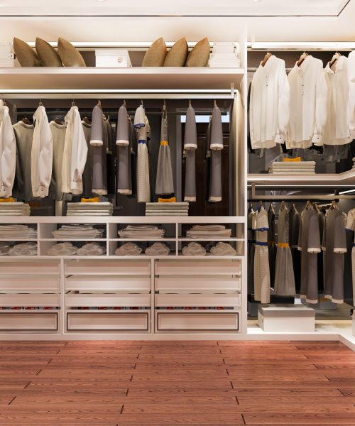 3d rendering luxury scandinavian wood walk in closet with wardrobe and make up table