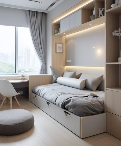 [The modern minimalist style,bedroom,window ledge platform with built-in cabinets, small windows, toddler bed, cute children's decorations and hanging pictures, soft furnishings in the space, high-quality photos, UHD --ar 3:4 --stylize 50 --v 5.2 Job ID: b9394185-d85b-4c66-a978-c7cec6a24984