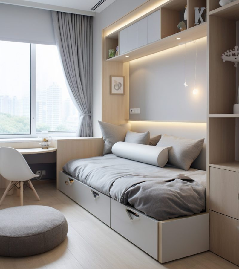[The modern minimalist style,bedroom,window ledge platform with built-in cabinets, small windows, toddler bed, cute children's decorations and hanging pictures, soft furnishings in the space, high-quality photos, UHD --ar 3:4 --stylize 50 --v 5.2 Job ID: b9394185-d85b-4c66-a978-c7cec6a24984